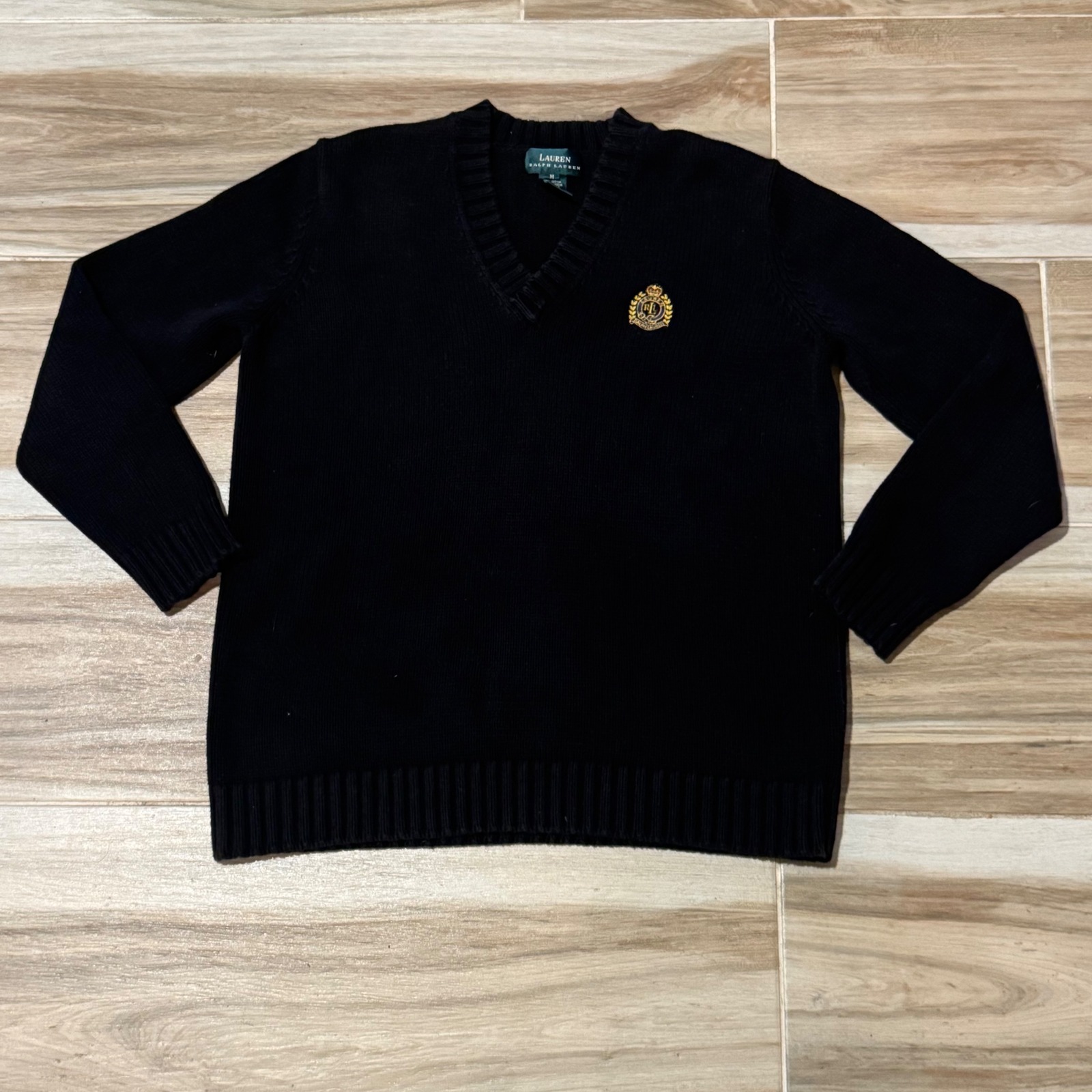 Vintage Ralph Lauren Bullion Crest V-Neck Sweater Black Cotton Old Money Medium